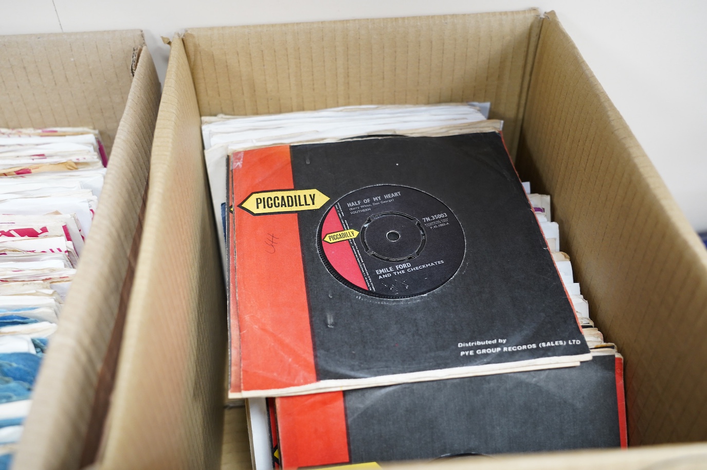 Three boxes of 7” singles on Piccadilly, Rare Earth, Reaction, Red Bird, Pye, Vertigo, etc. labels, artists including; Family, The Jeff Beck Group, Cream, Faithful, Captain Beefheart and His Magic Band, Olivia Newton-Joh